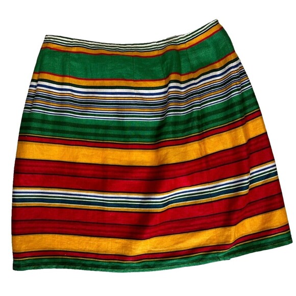 Vintage Eddie Bauer Wrap Mini Skirt Linen Red Orange Green Stripe Size 4 Western - Picture 2 of 13